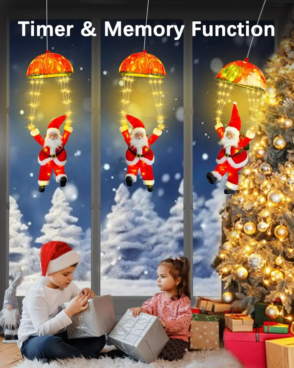 Christmas Decorations Santa Claus Parachute Lights 8 Modes LED Hanging Xmas Tree Decor String Lighted for Porch Window Indoor