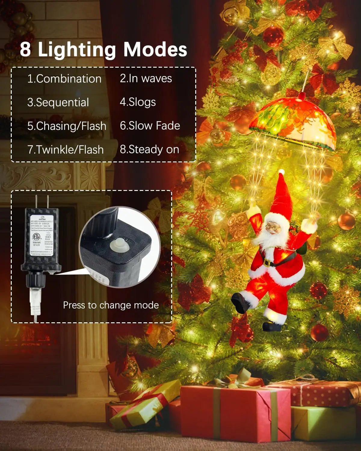 Christmas Decorations Santa Claus Parachute Lights 8 Modes LED Hanging Xmas Tree Decor String Lighted for Porch Window Indoor