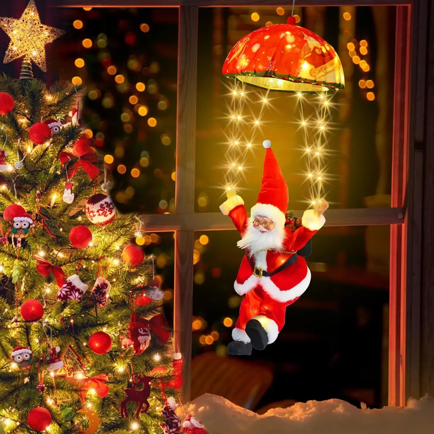 Christmas Decorations Santa Claus Parachute Lights 8 Modes LED Hanging Xmas Tree Decor String Lighted for Porch Window Indoor